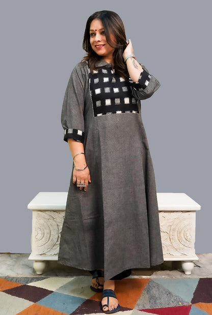 Grey Handloom Cotton Kurti with Double Ikat Yoke