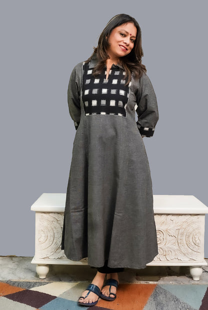 Grey Handloom Cotton Kurti with Double Ikat Yoke