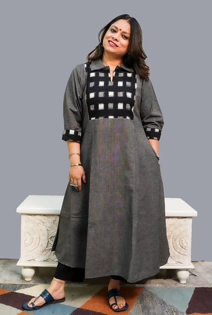 Grey Handloom Cotton Kurti with Double Ikat Yoke