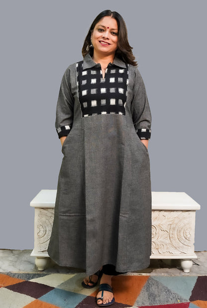 Grey Handloom Cotton Kurti with Double Ikat Yoke