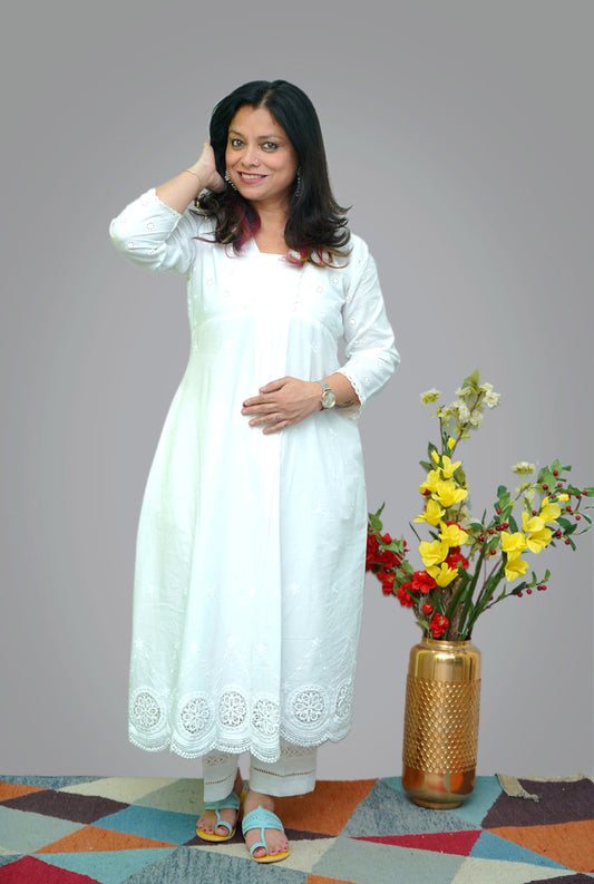 White Mul Chikankari Kurti with Lining