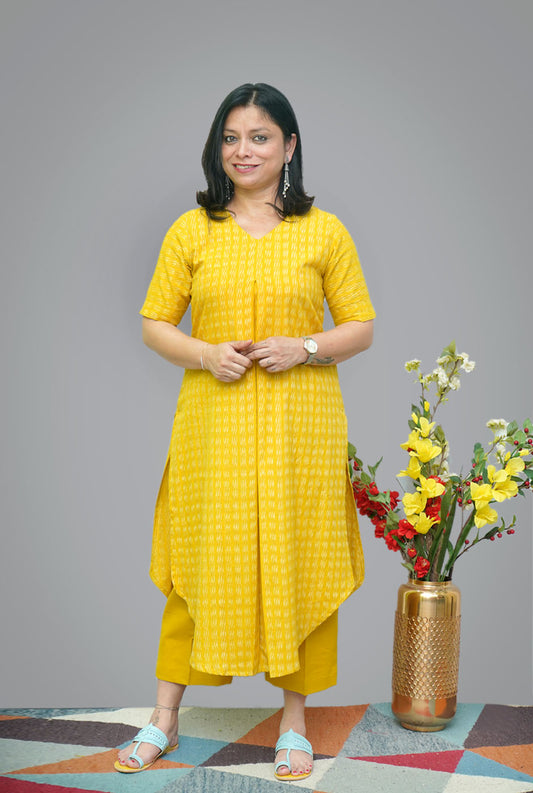 Yellow Ochre Color Ikat Kurti With Pleat Detailing