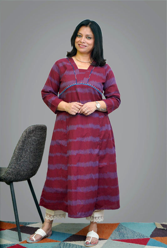 Maroon Color Exclusive Ikat Kurti with Embroidery Detailing