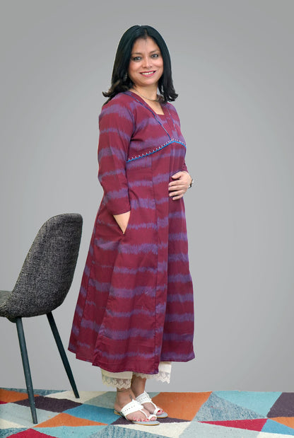 Maroon Color Exclusive Ikat Kurti with Embroidery Detailing