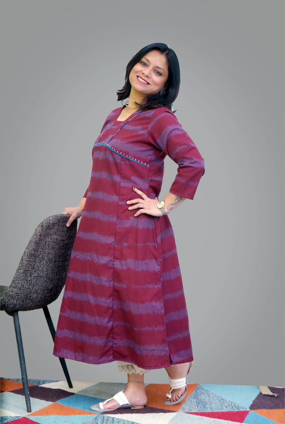 Maroon Color Exclusive Ikat Kurti with Embroidery Detailing