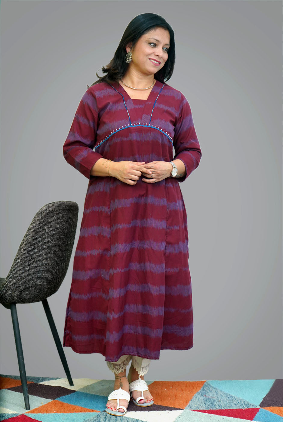 Maroon Color Exclusive Ikat Kurti with Embroidery Detailing