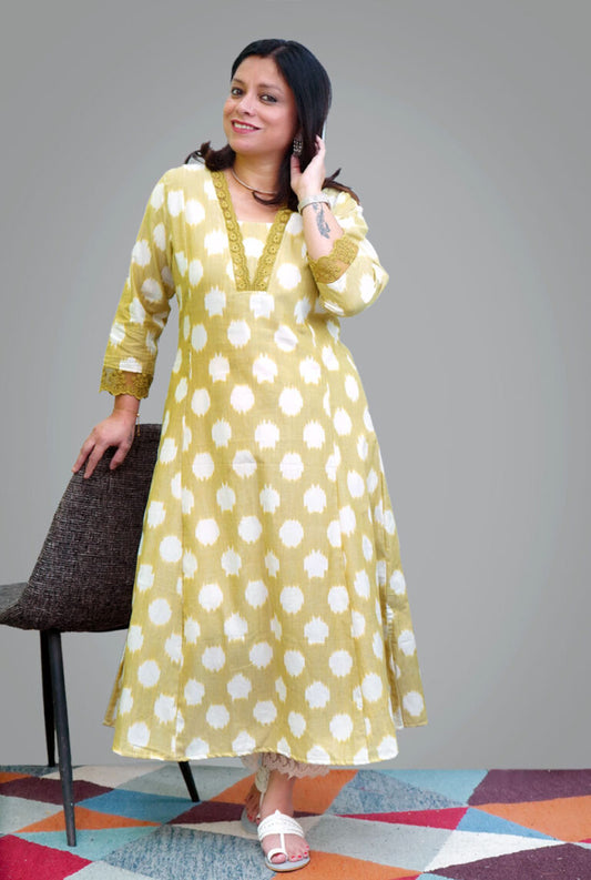 Fresh Green Color Exclusive Ikat Kurti with Lace Detailing