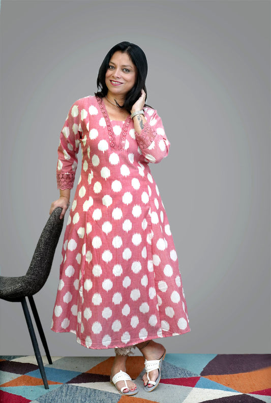 Peach Color Exclusive Ikat Kurti with Lace Detailing