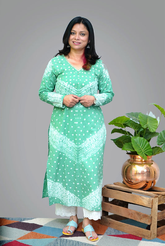 Bandhani/ Shibori Sage Green Cotton Kurti With Mirror Work