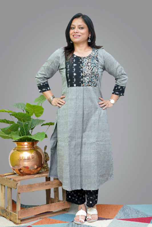 Grey Kurti with Double Ikat & Kalamkari Yoke