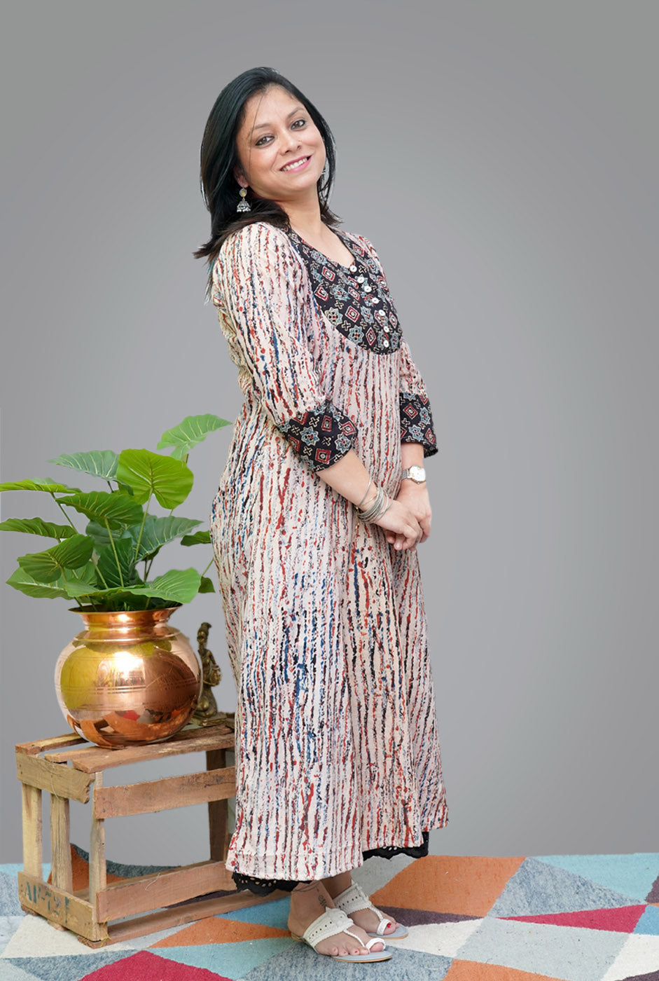 Cotton Ajrakh A-line Kalidar Kurti With Yoke Detailing