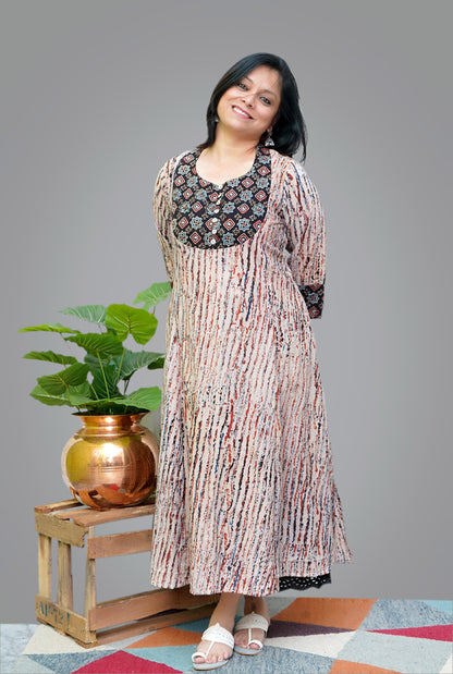 Cotton Ajrakh A-line Kalidar Kurti With Yoke Detailing