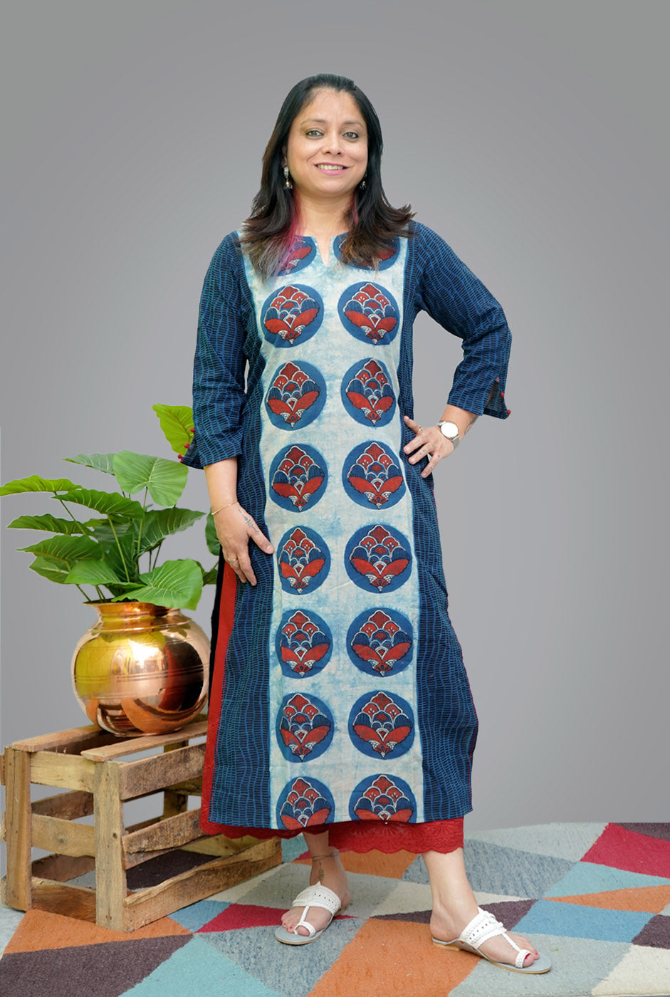 Straight Cut Designer Ajrakh Kurti (J)