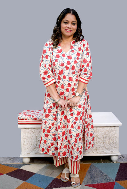 Gulmohar Red & white A-Line handblocked kurta Pant Set