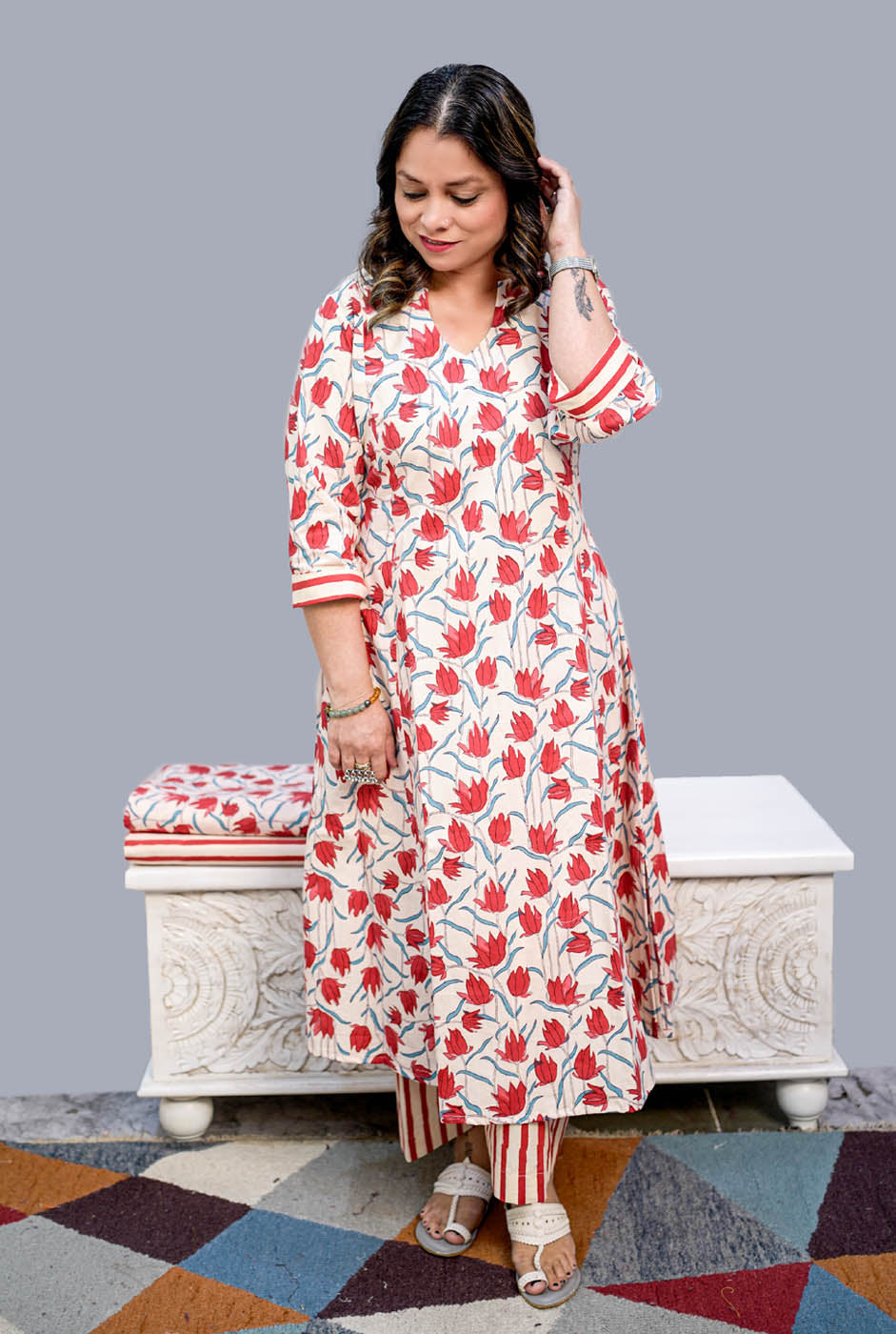 Gulmohar Red & white A-Line handblocked kurta Pant Set