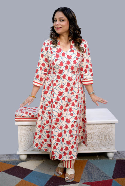 Gulmohar Red & white A-Line handblocked kurta Pant Set