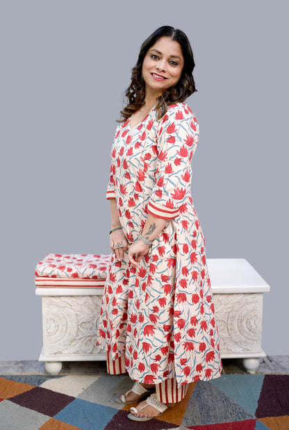 Gulmohar Red & white A-Line handblocked kurta Pant Set