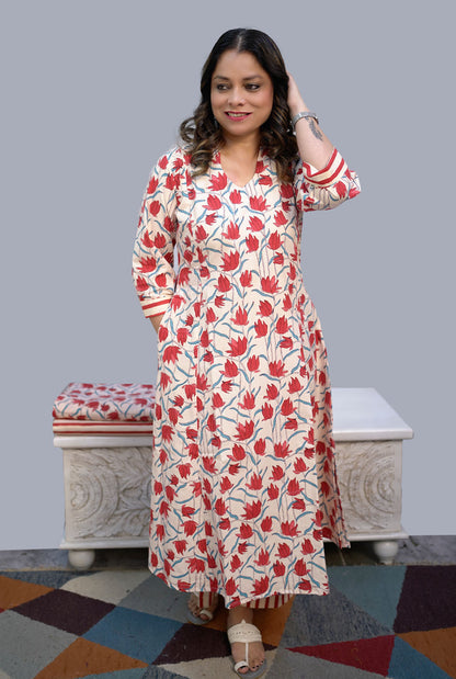 Gulmohar Red & white A-Line handblocked kurta Pant Set