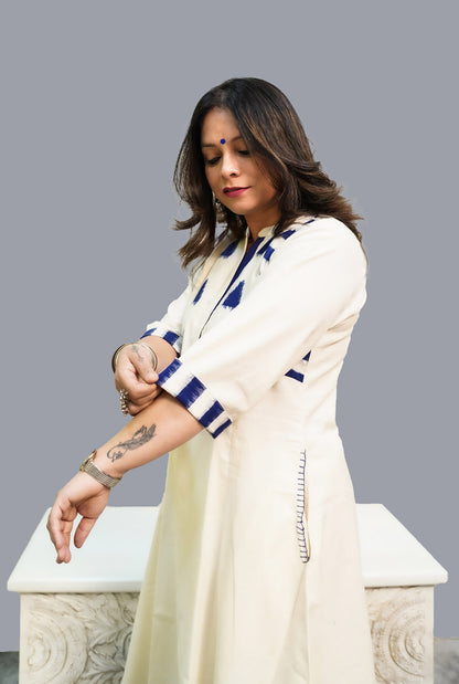 White Handloom Cotton Kurti with Double Ikat Yoke