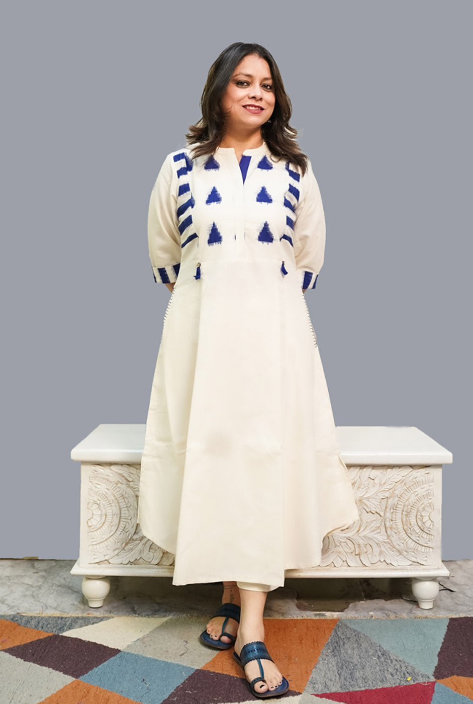 White Handloom Cotton Kurti with Double Ikat Yoke