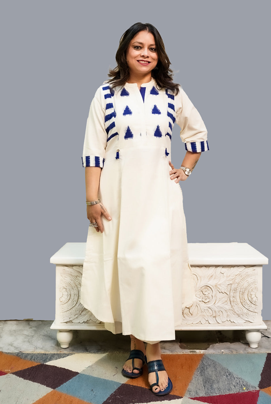 White Handloom Cotton Kurti with Double Ikat Yoke