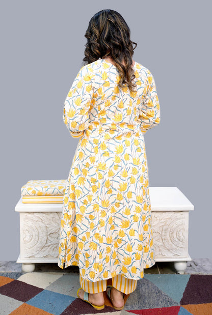 Gulmohar Yellow & white A-Line handblocked kurta Pant Set