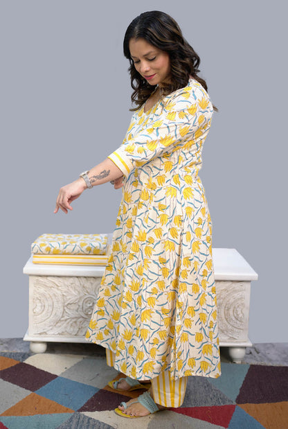 Gulmohar Yellow & white A-Line handblocked kurta Pant Set