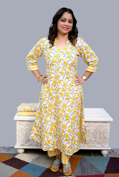 Gulmohar Yellow & white A-Line handblocked kurta Pant Set