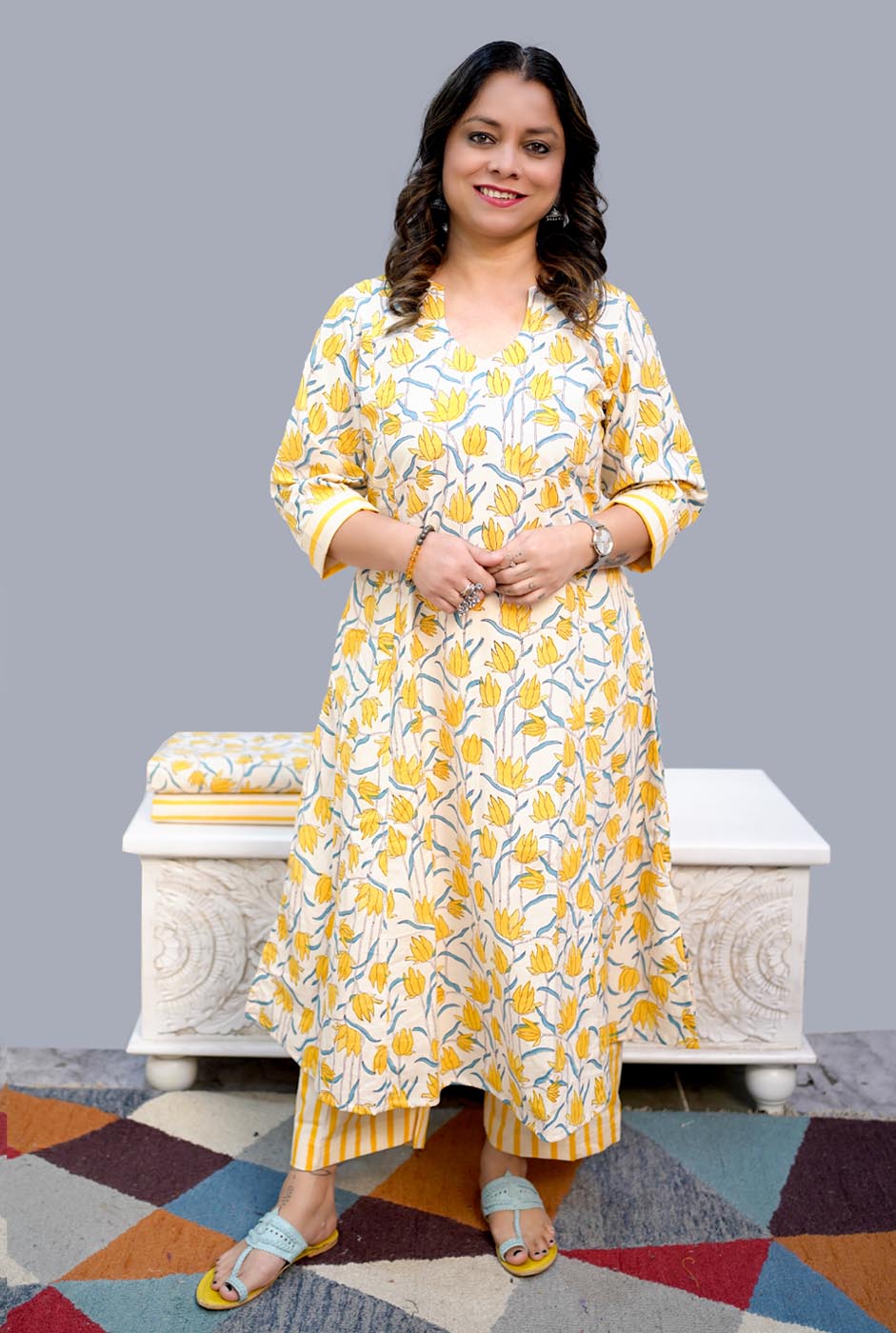 Gulmohar Yellow & white A-Line handblocked kurta Pant Set